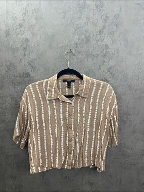 Forever 21 Tan and White Striped Short-Sleeve Button-Down Shirt